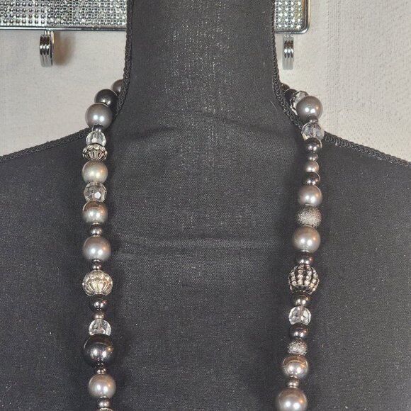 Chico's Gunmetal Filigree Crystal Ball Pewter Silver Faux Pearl 41" Necklace - Picture 5 of 16